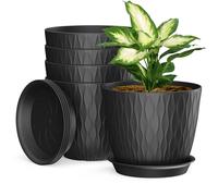 17cm Plant Pots Indoor, 5 Pack Plastic Planters with Drainage Holes and Saucer, Decorative Stripe Grooves Flower Pots for Indoor Outdoor Houseplants（Black）