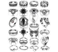 17IF 26-35 Pcs Vintage Silver Knuckle Rings Set for Women Men, Grunge Gothic Rings Chunky Aesthetic Snake Stackable Adjustable Punk Bulky Finger Alt Fairy Skull Frog Heart Star Flower Midi Ring Pack,