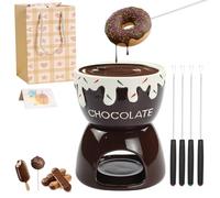 17oz Ceramic Chocolate Fondue Set with 4 Forks, 3D Relief Design, Chocolate | Microwave & Oven Safe, Multi-functional, Detachable, Chocolate & Cheese Melting Pot for Dessert, Party & Family Gift