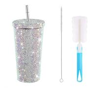 17oz Studded Vacuum Tumbler Bottle - Double Wall Stainless Steel Insulated Cup with Lid & Straw, Handmade Sparkly Diamond Decor for Women, Travel & Office Use (Silvery)