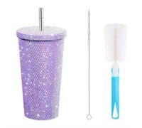 17oz Studded Vacuum Tumbler Bottle - Double Wall Stainless Steel Insulated Cup with Lid & Straw, Handmade Sparkly Diamond Decor for Women, Travel & Office Use (Purple)