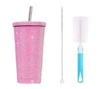 17oz Studded Vacuum Tumbler Bottle - Double Wall Stainless Steel Insulated Cup with Lid & Straw, Handmade Sparkly Diamond Decor for Women, Travel & Office Use (Pink)