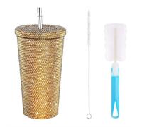 17oz Studded Vacuum Tumbler Bottle - Double Wall Stainless Steel Insulated Cup with Lid & Straw, Handmade Sparkly Diamond Decor for Women, Travel & Office Use (Golden)