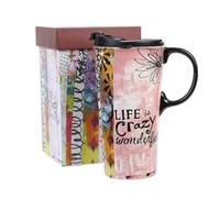 17oz Tall Ceramic Travel Mug Dishwasher Safe with Sealed Lid (Life is Crazy Wonderful)