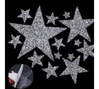17Pcs 5 Sizes Iron-on Star Rhinestone Patches, Silver Adhesive Bling Star Shape Applique for Jeans, Jackets, Caps, Dress, Bag, DIY Clothing Repair
