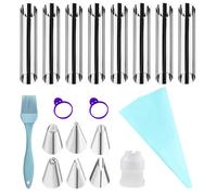17PCS Cannoli Moulds Set, with Piping Tips and Brush for Making Fried Cheese Rolls, Croissants and Puff Pastry. Suitable for Bakeries, Cake Shops, Kitchens, Parties.