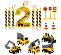 17Pcs Construction Candles Set for 2nd Birthday, Number 2 Candle with Construction Digger Cake Topper with Truck Road Sign Decor, Black Striped Candles for Birthday Anniversary Party Decorations