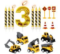 17Pcs Construction Candles Set for 3rd Birthday, Number 3 Candle with Construction Vehicle Trucks & Road Sign Cake Toppers, Black Striped Long Stick Candles for Birthday Anniversary Party Decorations