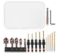 17Pcs Countersink Drill Bit Set with Extension Rod and Wrench, 3/4" 5/8" 1/2" 3/8" 1/4" High Speed Steel Counter Sinker Drill Bits Wood Countersink Drills Bit Set for Softwood and Hardwood