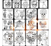 17pcs Halloween Stencils, Plastic Reusable Carving Skull Flowers Butterfly Pattern Drawing Templates Square Stencils Sign for Painting on Wood for Scrapbook Card Floor Tile Drawing