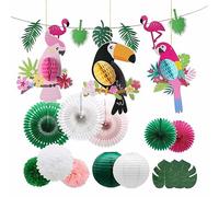 17pcs Hawaiian Flag Decorations, Plant Parrot Banner Hanging, Green Party Decorations, Tropical Jungle Decorations for Birthday, Beach Party, Jungle Theme Party