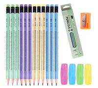 17Pcs HB Pencil Set, 12Pcs Presharpened Wood Triangle Shaped Cute Pencils With Rubber Eraser, 1 Sharpener, 4 Grips for School Children Kids Writing Sketching Drawing Art and Craft