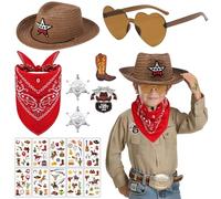 17Pcs Kid's Cowboy Fancy Dress Accessories, Western Hat Paisley Bandanna Sheriff Badge Heart Sunglasses Cowboys Patches Tattoos Stickers Wild West Cowboy Outfit Kit for Boys Girls Halloween Cosplay