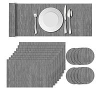17Pcs Light Grey Placemats Table Mats Set, 8 Placemats, 8 Coasters,1 Long Table Mat Washable Heat Anti Slip Resistant Table Place Mats and Coaster Sets for Home,Restaurant,Outdoor Dining