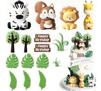 17PCS Safari Animal Cake Toppers,Jungle Wild Cake Decorations with Lion Giraffe Zebra Hippopotamus,Leaves,Safari Theme Cake Decor for Kids Shower Party