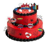 17pcs Spider Theme Birthday Cake Toppers, Spider Web Cupcake Picks Happy Birthday City Cardstock Decorations for Kids Boys Men Baby Shower Halloween Comic Style Party Supplies