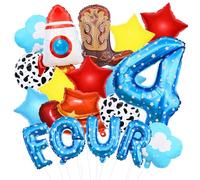 17pcs Toy Themed Story Birthday Decoration Balloon Set,4th Birthday Cartoon Style Rocket,Cowboy Hat,Boots,Clouds,Star Patterns, For kid Party Supply (4th-Reach Four The Sky)