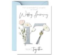 17th Anniversary Card for Women Men - Fancy Floral Flowers - Happy 17 Year Anniversary Card for Husband Companion Boyfriend Girlfriend, A5 Wedding Anniversaries Greeting Cards