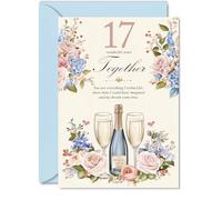 17th Anniversary Card for Women Men - Floral Champagne - Happy 17 Year Anniversary Card for Girlfriend Companion Boyfriend Husband, 5x7 Inch Wedding Anniversaries Greeting Cards