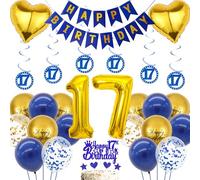 17th Birthday Balloons Decorations for Boys - 44 Pieces 17 Year Old Party Supplies with Number 17 Balloon Hanging Swirls, 17th Happy Birthday Banner Blue Gold Cake Topper