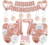 17th Birthday Balloons Decorations for Girl - 44 Pieces 17 Year Old Supplies Rose Gold with Happy Birthday Banner, Number 17 Hanging Swirls Cake Topper for Party Accessories