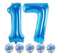 17th Birthday Blue Foil Number 17 Balloons with Confetti, Giant 40 Inch Helium Balloons for Boys, Girls, Men - 17th & 71st Anniversary Party Decorations