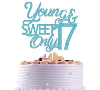 17th Birthday Cake Decorations - Young & Sweet Only 17-17 Cake Topper Light Blue Glitter