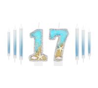 17th Birthday Candles for Cake, Silver Shell Sequins Birthday Candles, Boys Girls 17th Birthday Decorations, Mermaid Themed Birthday Decorations Party Supplies, Gold Blue Number 17 Candles Birthday