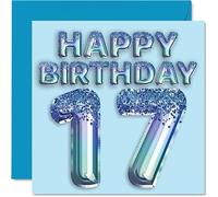 17th Birthday Card for Boys - Blue Glitter Party Balloon - Happy Birthday Cards for 17 Year Old Boy Grandson Son Brother Nephew, 145mm Greeting Cards Gift