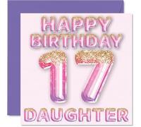 17th Birthday Card for Daughter - Pink & Purple Glitter Balloons - Happy Birthday Cards for 17 Year Old Daughter from Mum Dad Parents, 145mm Bday Greeting Cards Gift