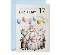 17th Birthday Card for Girls Boys - Pawsome Party Cats Balloons - Happy Birthday Cards for 17 Year Old Girl Boy, A5 Cat Bday Greeting Cards