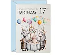 17th Birthday Card for Girls Boys - Pawsome Party Cats Balloons - Happy Birthday Cards for 17 Year Old Girl Boy, 5x7 Inch Cat Bday Greeting Cards