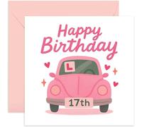 17th Birthday Card For Her - Pink Vintage Car Design - Playful Learner Driver Illustration For Daughter Granddaughter Niece - Blank Inside With Envelope