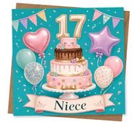 17th Birthday Card for Niece - Cute Cake, Balloons and Number 17 Celebration Card with Sweet Pastel Party Design