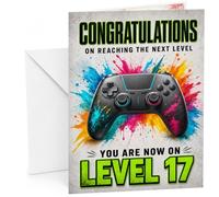 17th Birthday Card, Space Gamer Design | Large A5 Card with Printed Inside Message; Grey controller with vibrant paint splashes for 17th Birthday