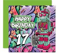 17th Birthday Cards for Boys - Wicked Graffiti Robot - Happy Birthday Card for 17 Year Old Boy Step Son Grandson Son Nephew, 145mm Bday Greeting Cards