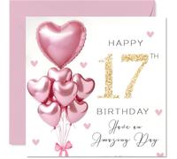 17th Birthday Cards for Girls - Pink Glitter Balloons - Happy Birthday Card for 17 Year Old Girl Daughter Sister Cousin Niece, 145mm Bday Greeting Cards