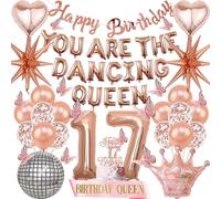 17th Birthday Dancing Queen Decorations - 58Pcs Rose Gold You Are Thd Dancing Queen Foil Balloons Banner Crown Foil Balloon Shoulder Straps Disco Ball For Girls Daughter 70s 80s Disco Theme Party