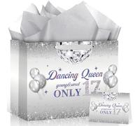 17th Birthday Dancing Queen Party Decorations Silver 17th Birthday Gift Bag with Wrapping Paper and Card Large 17 Year Old Wrapping Paper Goodie Gift Bag Young Sweet Seventeen Years Old Party Supplies