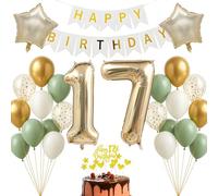 17th Birthday Decoration Set Champagne Gold White Sage Green Happy Birthday Banner for Teenagers Boys Girls Decoration for 17th Birthday Decoration Photo Background Balloon Decoration Party Decoration