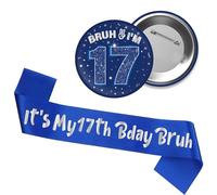 17th Birthday Decorations Badge Sash - 2 PC Blue Silver It's My 17th Bday Bruh Sash Bruh I'M 17 Badge Accessory Gift for He Boys Sweet 17 Year Old Son Grandson Party Supplies