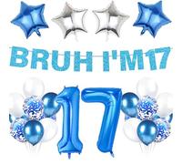 17th Birthday Decorations Balloon Boys - 19 Pcs Blue Bruh I'M 17 Glitter Banner Number 17 Foil Latex Balloons Party Decoration for Girls 17 Years Old Birthday Celebration Decor Supplies