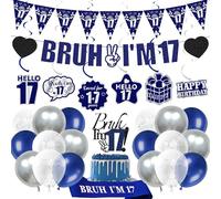 17th Birthday Decorations Balloons Boy - 28 Pcs Blue Glitter Bruh I'M 17 Banner Swirl Hangings Confetti Balloons Sash Cake Topper for Boys Girls Teen 17 Years Old Birthday Party Decor Supplies