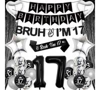 17th Birthday Decorations Balloons Boys - 28 Pcs Black Silver Happy Birthday Banner Decorations Bruh I'M 17 Banners Curtain Backdrop Foil Balloons for 17 Year Old Boy Party Decoration Supplies