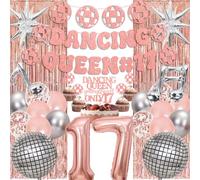 17th Birthday Decorations Balloons Kit - 26 Pcs Rose Gold Dancing Queen Banner Disco Balloon Explode Star Number 17 Cake Topper Pull Flag Fringe Curtains For 17th Sweet Girl Birthday Disco Theme Party