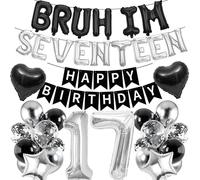 17th Birthday Decorations Banners Boy - 40 Pcs Black Silver Happy Birthday Banner BRUH I'M SEVENTEEN Star Heart Number 17 Foil Balloons Decoration Sequin Balloons for 17 Years Old Boys Party Decor