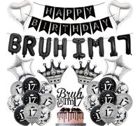 17th Birthday Decorations Banners Boys - 34 Pcs Black and Silver Happy Birthday Banner Bruh I'M 17 Star Heart Crown Foil Balloons Cake Topper Sequin Balloons for 17 Years Old Boy Party Decor Supplie