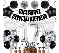 17th Birthday Decorations - Black & Silver, 51-Piece Set with Number 17 Foil Balloons, Happy Birthday Banner, Star & Love Balloons, Tissue Paper Pom Poms, Cake Toppers for Boys & Girls