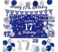 17th Birthday Decorations Boy Girl - Blue White Silver 17 Year Old Banner for Boys, Party Decoration with Backdrop Confetti Balloons Paper Flowers Happy Birthday Flags & Cake Toppers