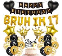 17th Birthday Decorations Boys Banners - 34 Pcs Black and Gold Happy Birthday Banner Bruh I'M 17 Star Heart Crown Foil Balloons Cake Topper Sequin Balloons for 17 Years Old Boy Party Decor Supplie